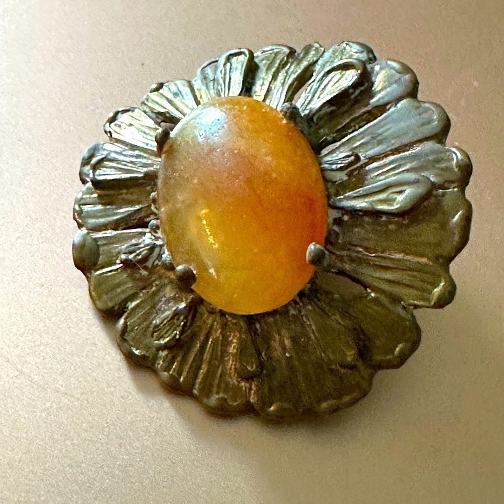 Asymmetrical  brass zinnia flower  amber cabochon agate pendant bolo ?